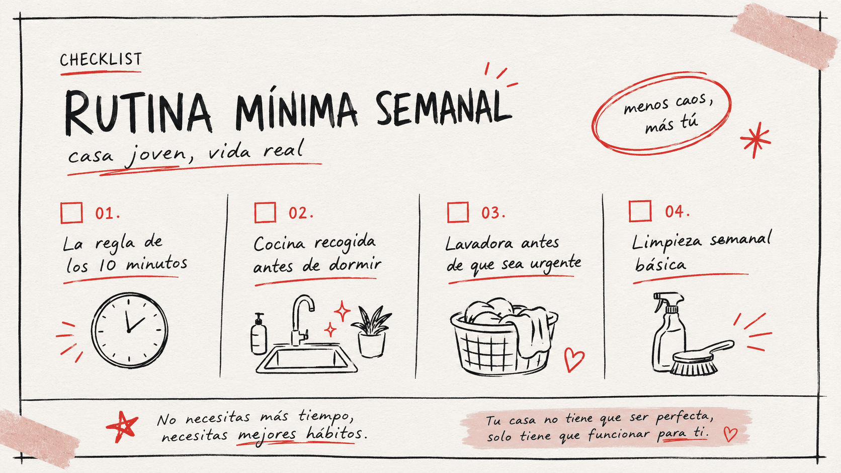Checklist de rutina mínima semanal con elementos de limpieza, ropa y cocina