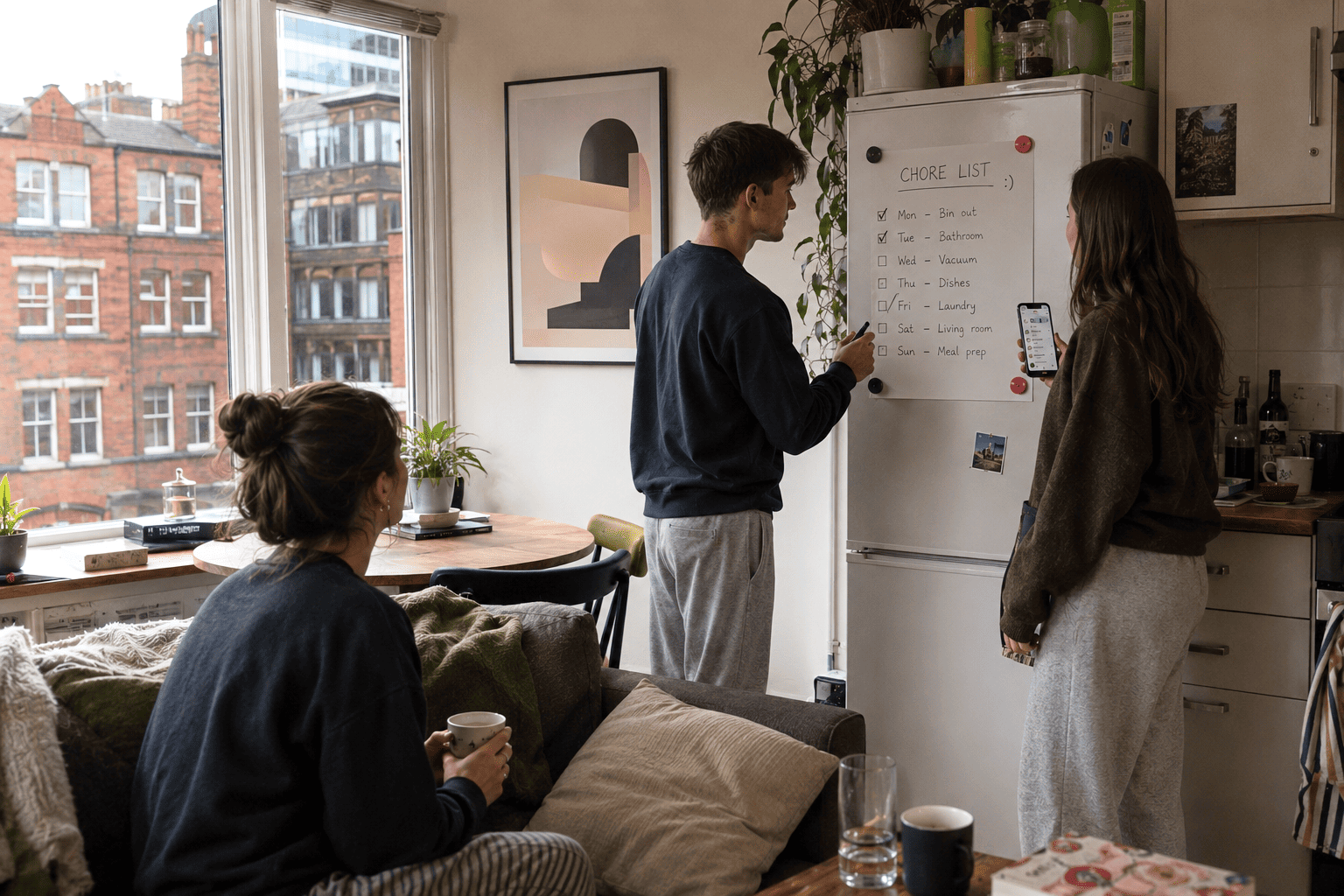 Flatmates learning how to keep their home in order in a shared UK flat