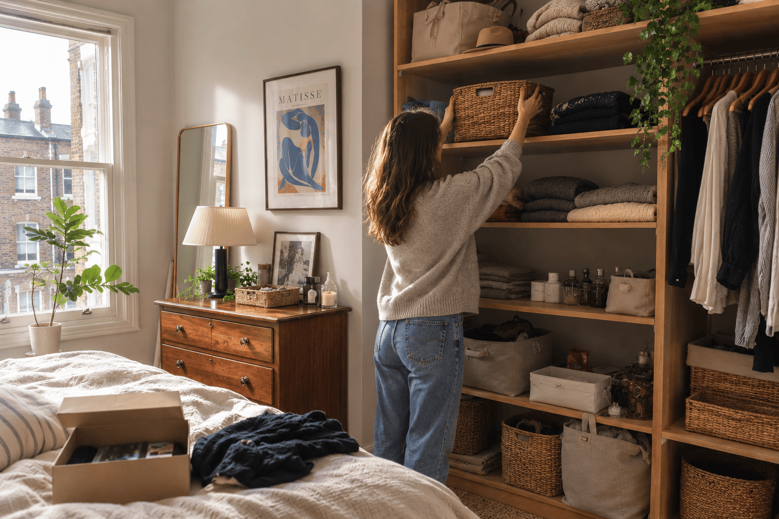 Person organising a home wardrobe with storage boxes and baskets