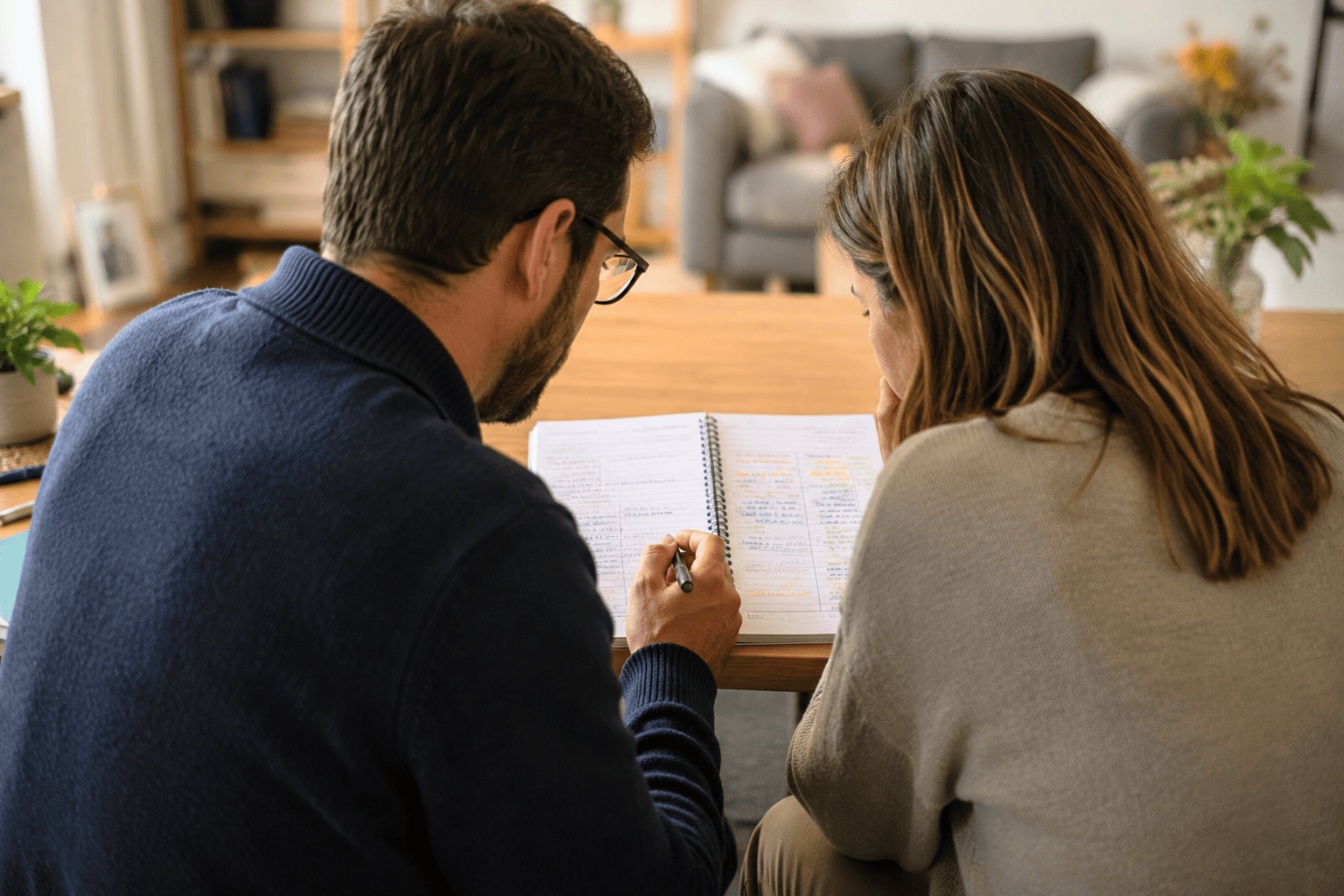 Familia y profesor revisando el seguimiento de una tutoría escolar en casa