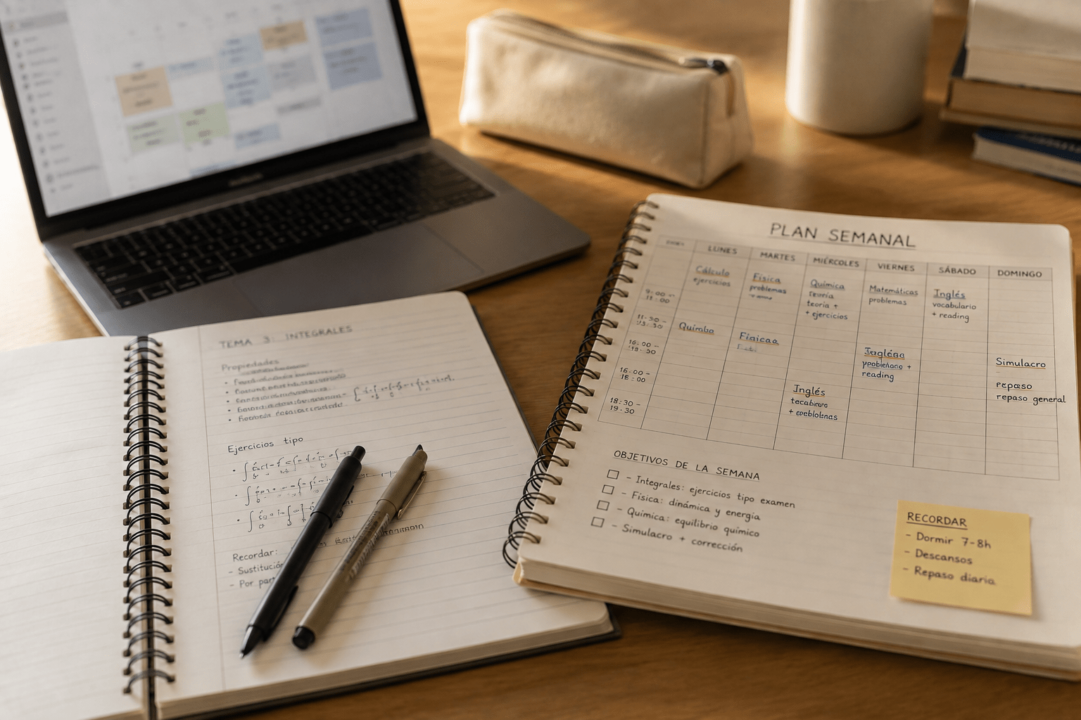 Cuaderno y agenda con una planificación de estudio para tutorías particulares