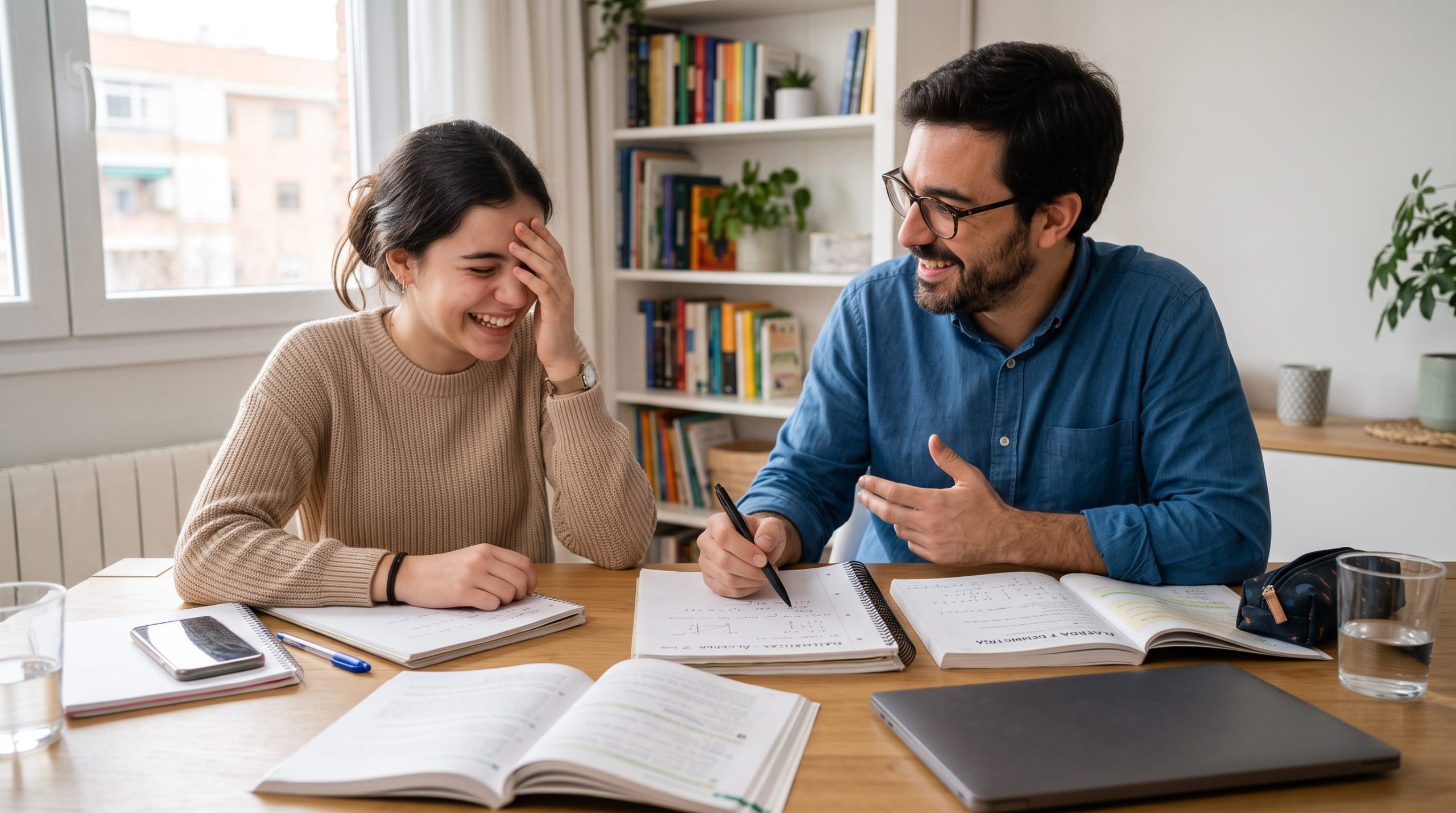 Estudiante y profesor particular revisando apuntes durante una tutoría en casa