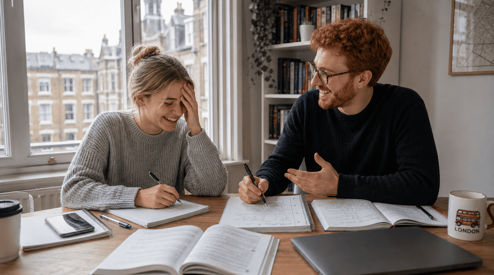 Secondary school student and private tutor reviewing notes during a home tutoring session
