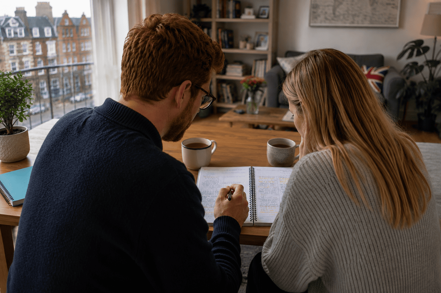 Parent or carer and private tutor reviewing a child’s school notebook at home