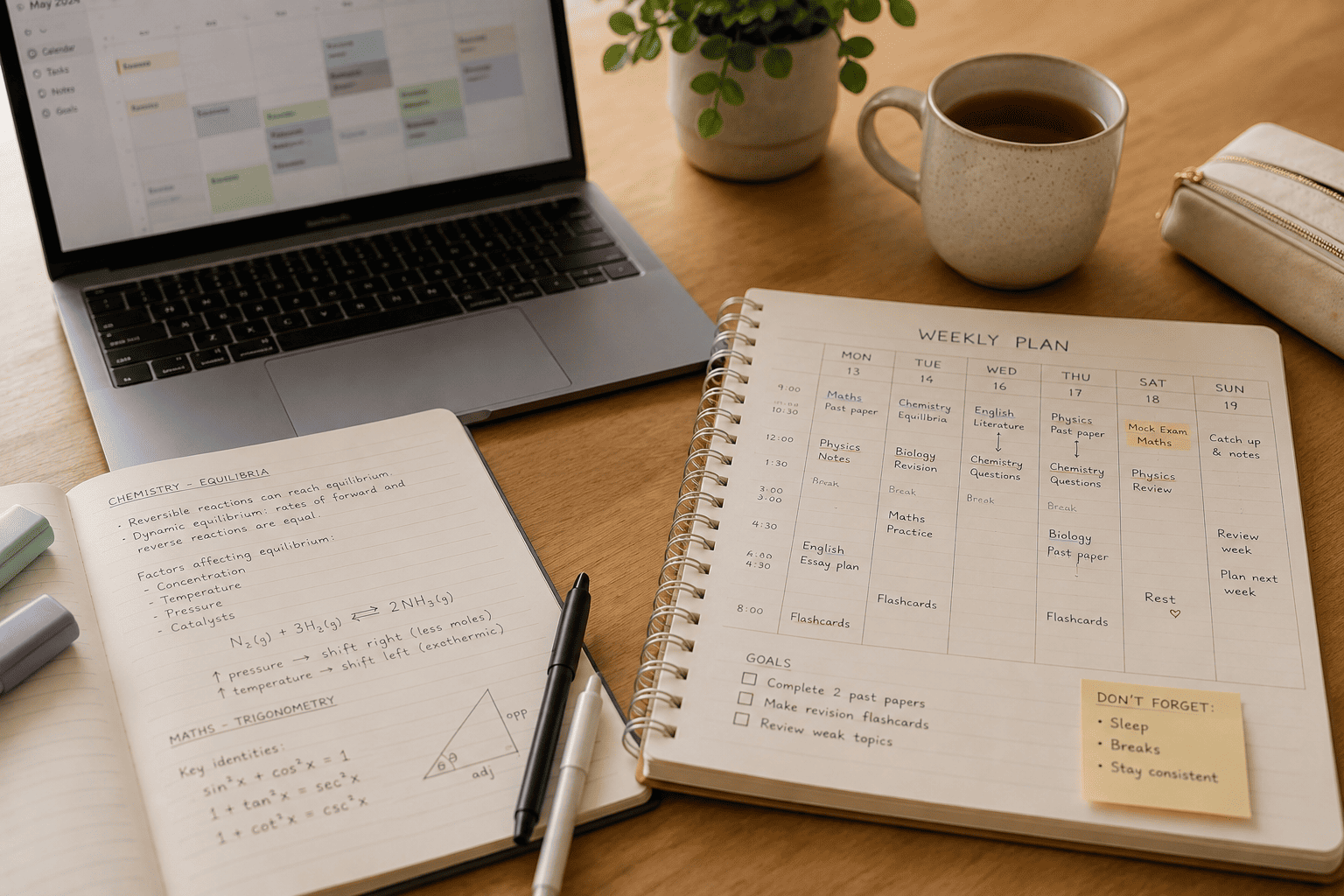 Notebook, laptop and weekly revision planner for GCSE or A-level study