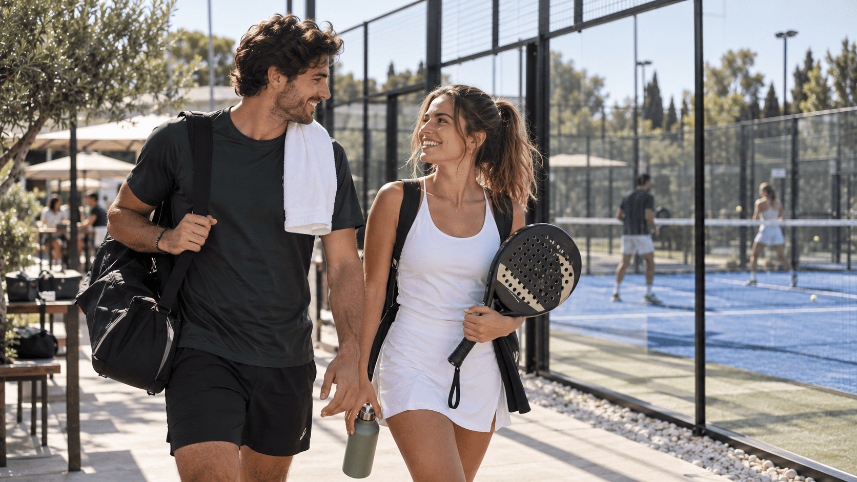 Pareja llegando a una pista de pádel con una pala de regalo Pareja joven llegando a una pista de pádel con una pala envuelta como regalo