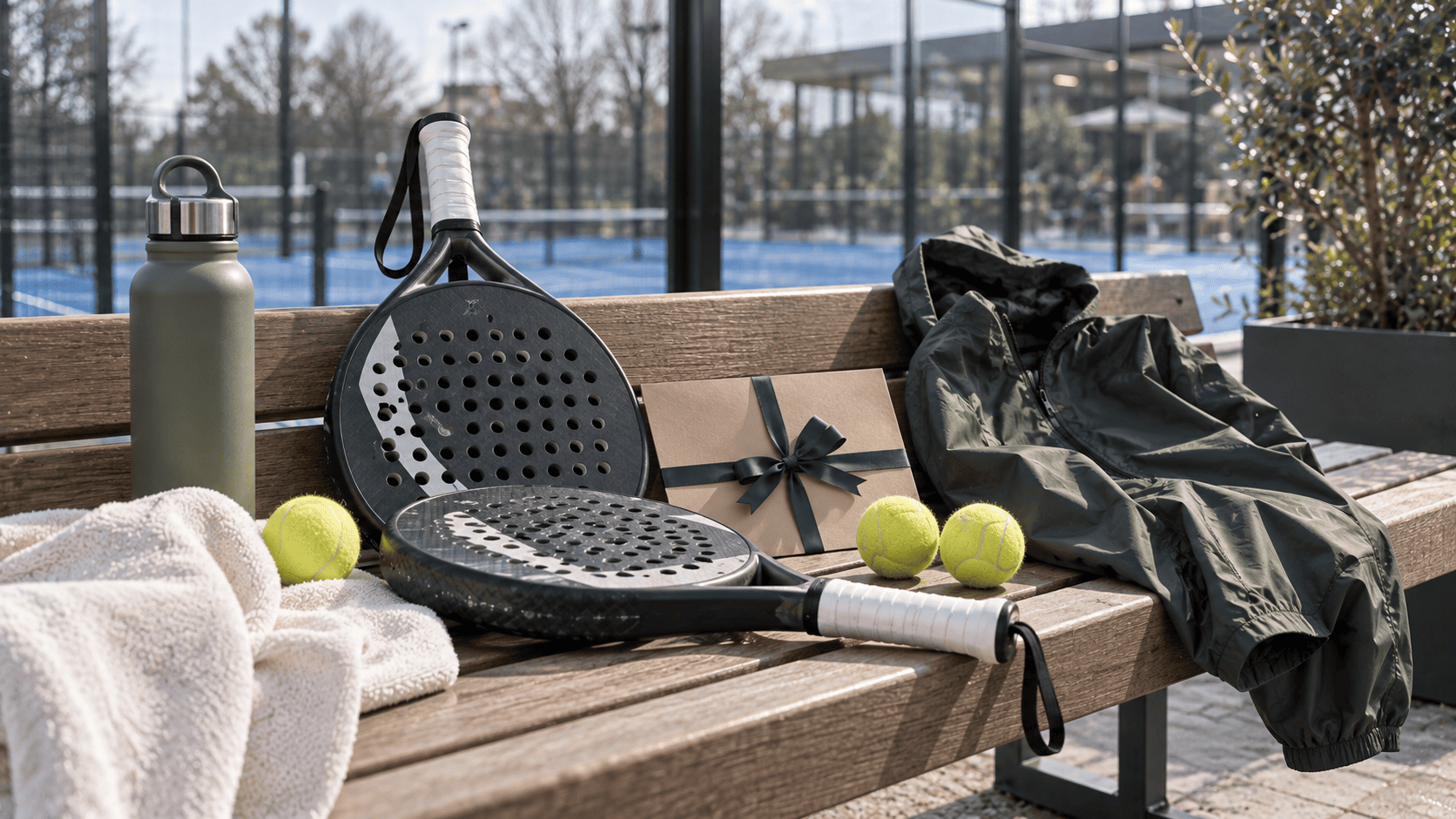 Padel gift flat lay with two rackets, balls, a gift card and a waterproof jacket