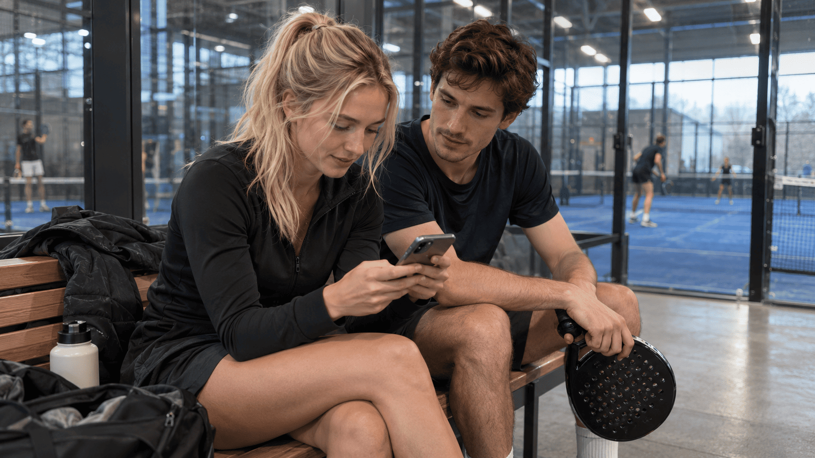 Person choosing a padel coach on a mobile phone while their partner waits beside an indoor court
